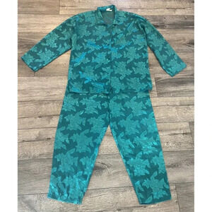 Vintage Victoria's Secret Pajama Set Pants Top Gold Label Leaf Sheer Green M